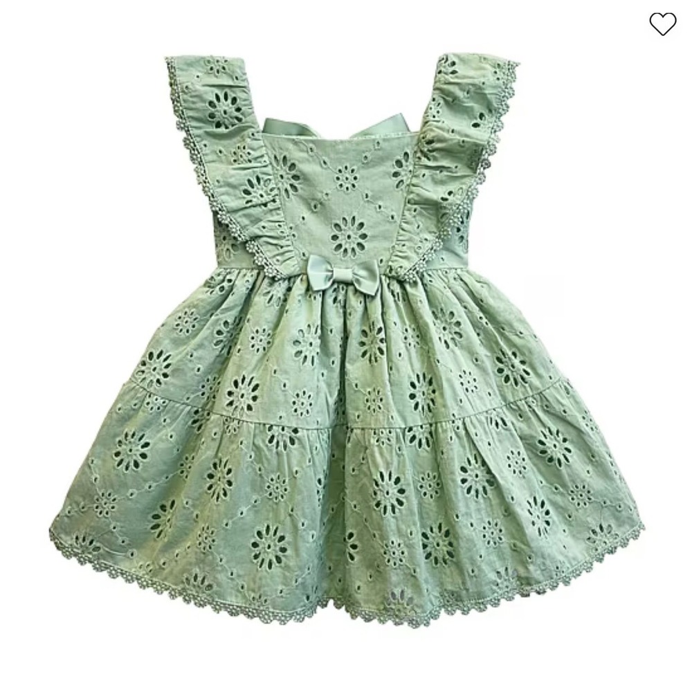 Blue Beri Girls Sage Green Linen Eyelet Embroidered Ruffle Dress